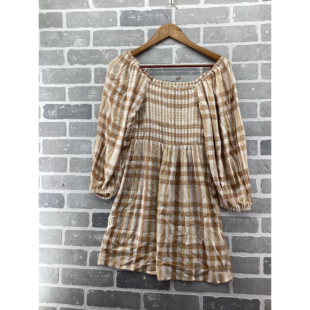 Billabong Paradise Day Gingham Smocked Mini Dress Tan White ABJWD00585 Small
